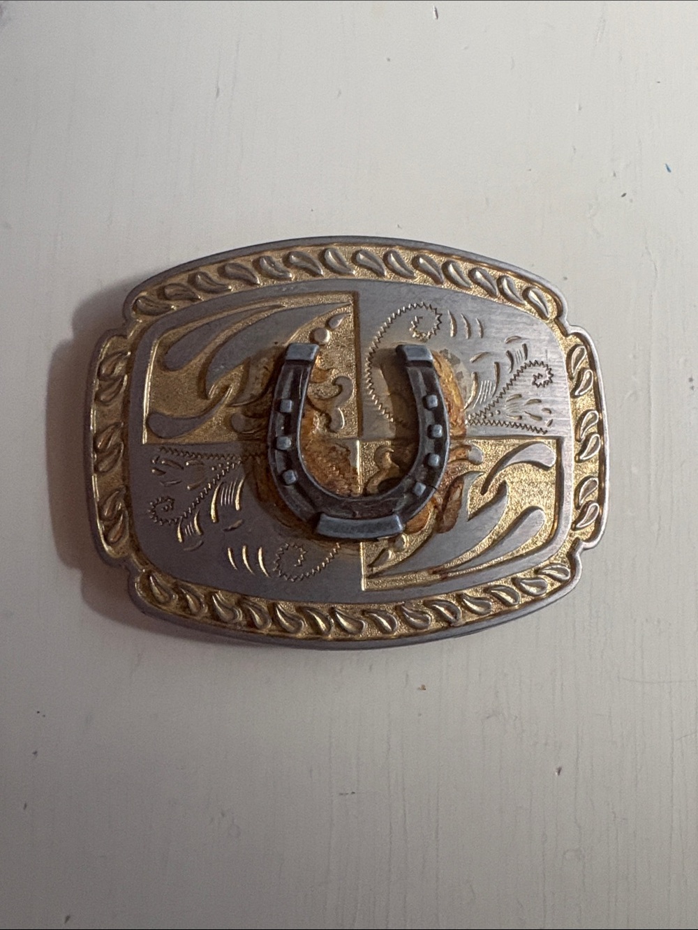 Vintage Gold and Silver Horseshoe Accent Belt Buckle